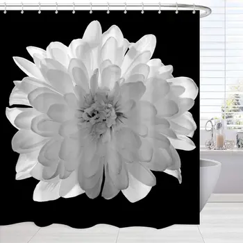 

Black and White Flower Fabric Shower Curtain Floral Design Nature Scene Retro Bath Curtain Polyester Waterproof Bathroom Decor