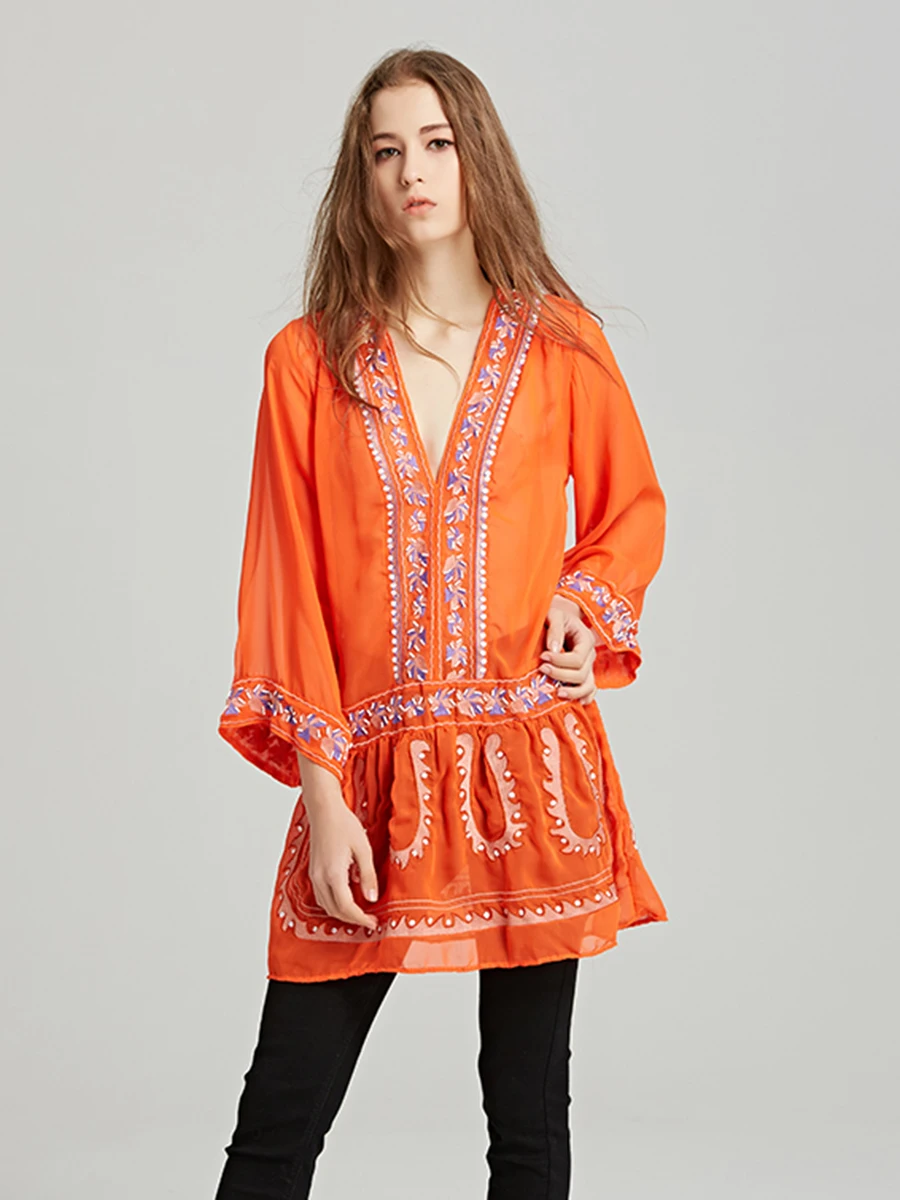 Boho летняя длинная рубашка с v-образным вырезом, Расклешенным рукавом, вышивкой, перспективным бисером, винтажная Повседневная рубашка, пляжные женские рубашки, Топ оранжевый