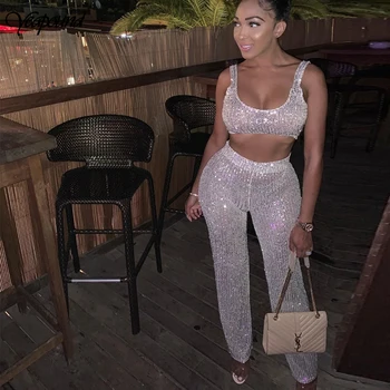 

Two Piece Set Vest Top And Full Pants Off Shoulder Sequined 2 Piece Set Tracksuit Women Sexy Party Club Outfits Matching Sets