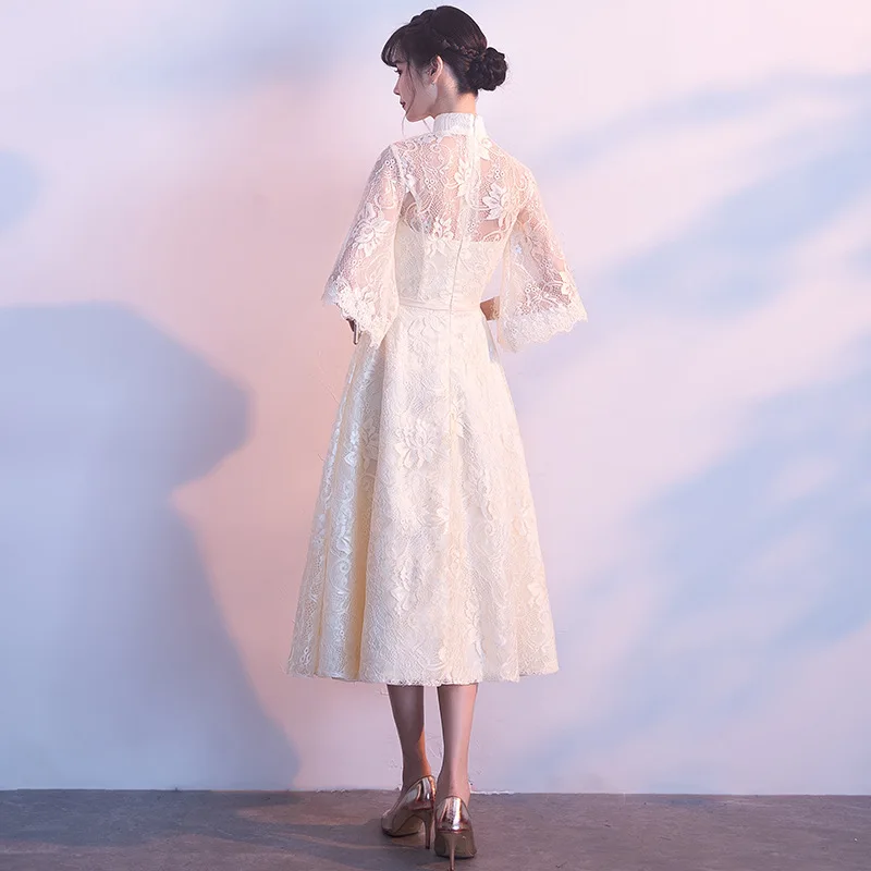 Новинка трапециевидной формы вышивка цветок леди Qipao классический китайский женский халат со стоячим воротником, с цветочным принтом благородное Формальное вечернее платье Половина рукава Vestdos