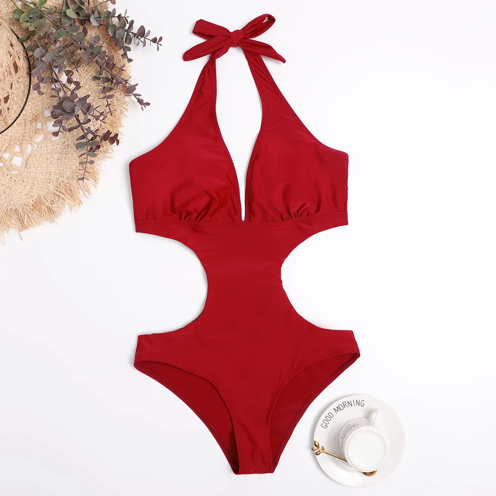 

Sexy Cut Out Trikini Swimsuit for Women 2023 New Solid Deep V Halter Backless One Piece Swimwear Monokini Women's Bathing Suit