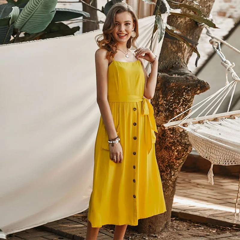 

Solid Belt Midi Dress Spaghetti Strap Backless Dress Yellow Red Vestidos Pleated Dresses With Pocket Summer Beach Holiday Robe