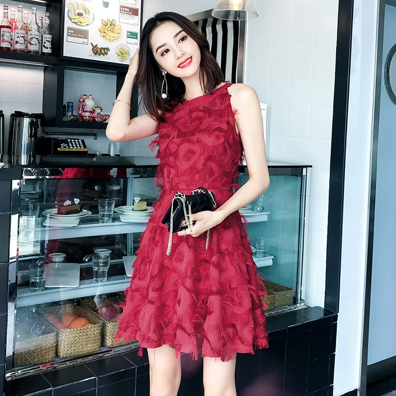 

Women New Fashion Cut Flower Hanging Neck High Waist Sleeveless Dress Aristocratic Temperament A-Line Sexy Mujer Dress MZ2744