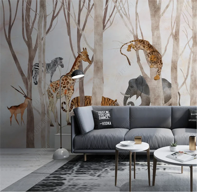 

Nordic hand-painted animal forest TV sofa background wall decorative painting custom 8D wall paper mural