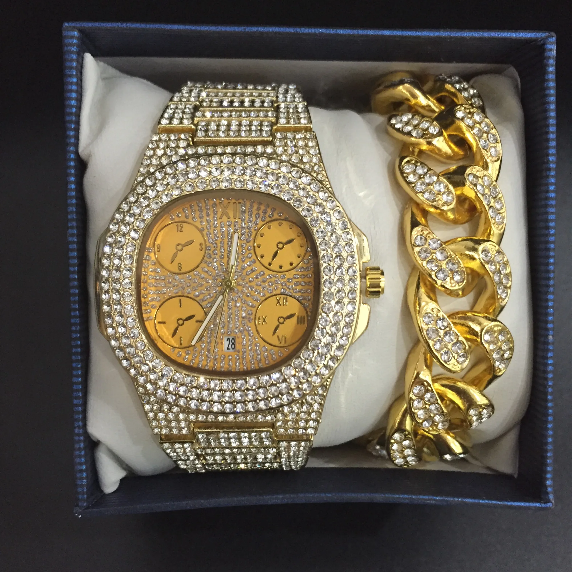 Роскошные мужские золотые часы с бриллиантами, ювелирный набор в стиле хип-хоп, мужские часы, ожерелье, браслет и кольцо, кубинские украшения, набор для мужчин