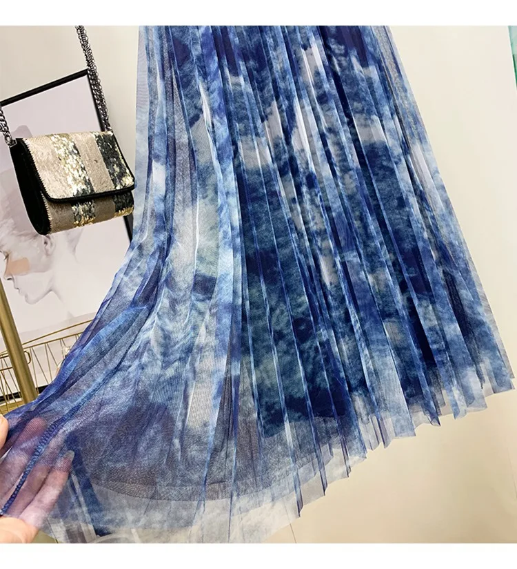 Плиссированные юбки для женщин с принтом Tie Dye, новинка, осенне-зимняя эластичная длинная юбка в сеточку с высокой талией, Harajuku, уличная одежда