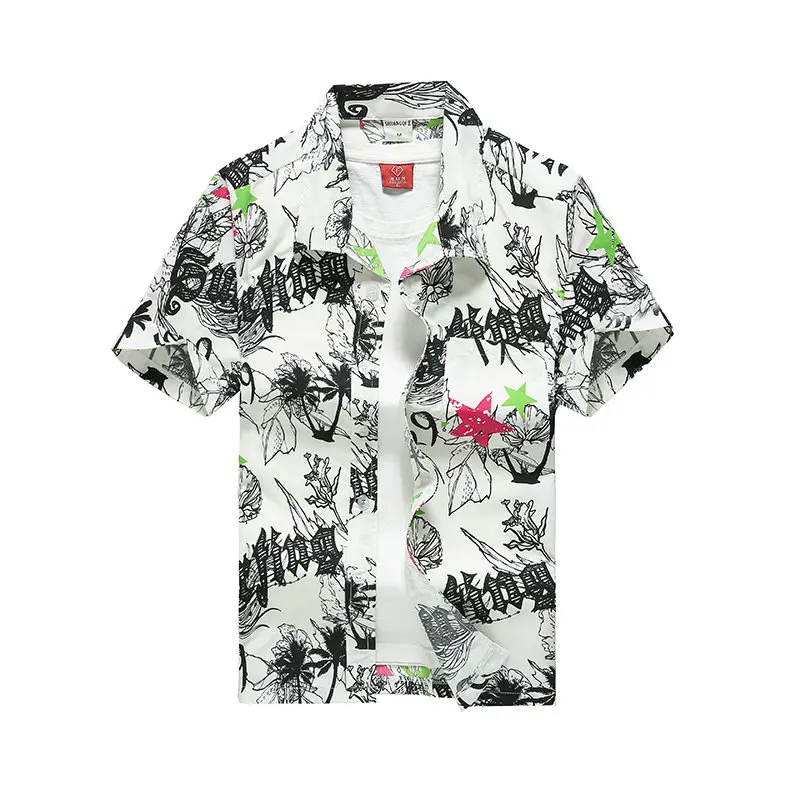 New Male Hawaiian Shirts Fashion Men's Casual Button Hawaii Print Beach Short Sleeve Quick Dry Top Blouse M-5XL - Цвет: Серый