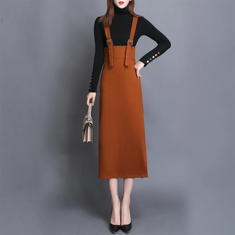 Плотная юбка на подтяжках, длинная Однотонная юбка с высокой талией и толстыми лямками, женская одежда осень-зима, 3563LY