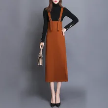 Плотная юбка на подтяжках, длинная Однотонная юбка с высокой талией и толстыми лямками, женская одежда осень-зима, 3563LY