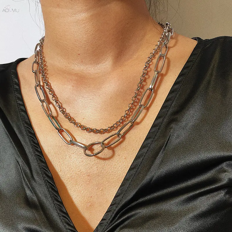 

AOMU Vintage Round Circle Multi Layer Geometric Chain Necklace for Women Metal Punk Style Necklace Statement Charm Jewelry
