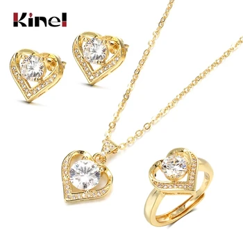 18K Gold Zircon Jewelry Set Promise Ring Stud Earring Necklace