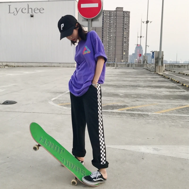 Lychee Harajuku клетчатые Лоскутные женские брюки с эластичной талией свободные женские брюки модные повседневные широкие брюки осенние женские штаны