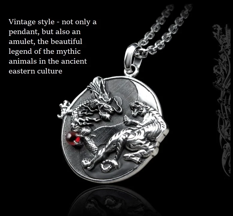 S925 Silver Handmade Dragon Tiger Pendant Necklace 925 Sterling Fengshui Taichi Yinyang Pendant Necklace Good Luck Amulet