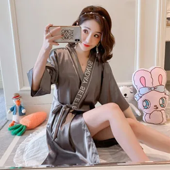 

Pajama women's summer thin ice silk short sleeve lovely simulation silk spring and autumn household clothing Nightgown letter