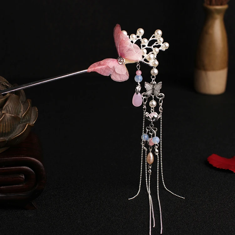 Классическая Ручная работа Kanzashi Женская жемчужная бабочка Hanfu шпилька Чонсам головной убор аксессуары для волос к костюму Косплей - Цвет: Pink And Ear clip