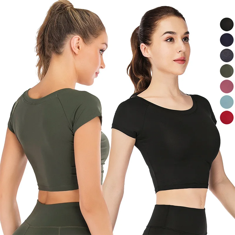

2020 new solid color nylon sexy short-sleeved yoga wear women's high-elastic sports running fitness quick-drying clothes