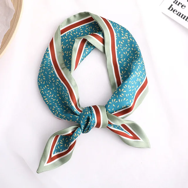 Sweet Love Print Women Small Silk Scarf Handle Bag Ribbons Female Head Scarves Sharp angle Green 90*10cm 37