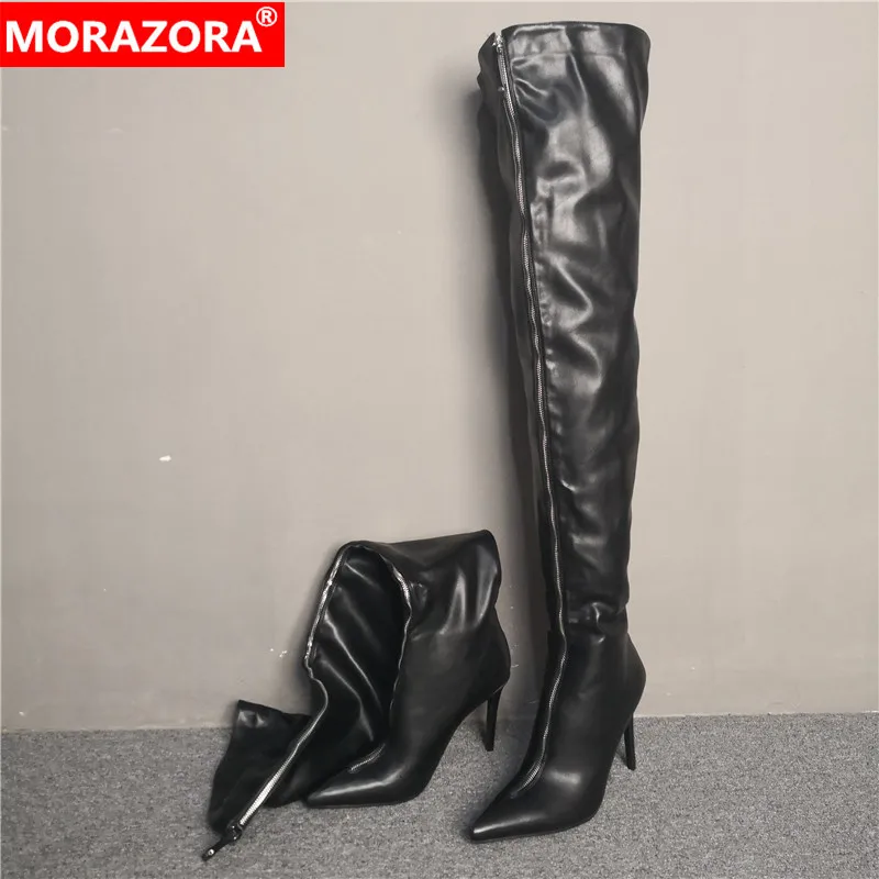 MORAZORA/Новое поступление года; Женские Сапоги выше колена с острым носком на молнии; сезон осень-зима; обувь для выпускного вечера на высоком каблуке; женские ботфорты