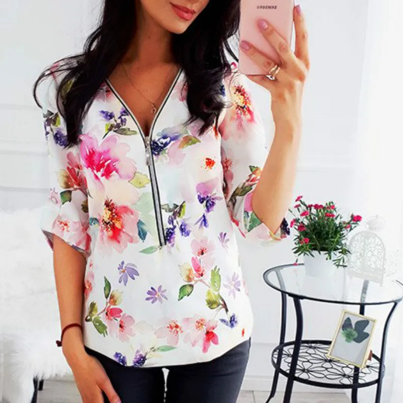 Spring Office Shirt Vintage Floral Print Zipper V Neck Chiffon Blouse Autumn Long Sleeve Women Blouses Plus Size Tops 5XL Mujer