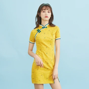 

IEF Spring Summer Chinese Retro Style Lace Printed Dress Causal Slim Fit Half Sleeves Mini Dress 1311F-D2107-