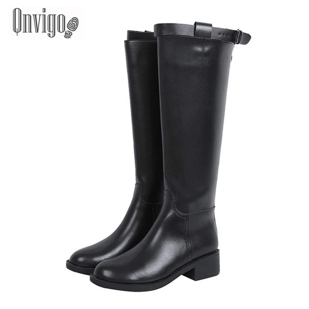 

QQnvigo Winter Boots Women British Style Waterproof Riding Equestrian Knee High Long Studded Leather Black Women High Boots Jean