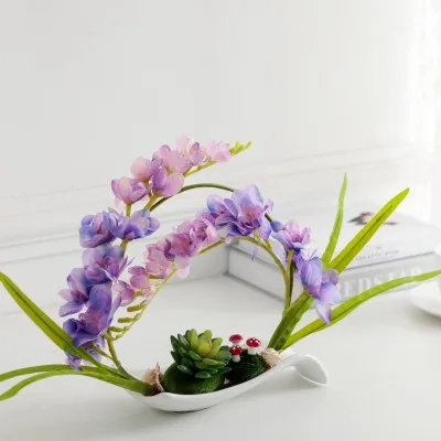 Butterfly Orchid Artificial Flowers Set Fake Flower Ceramic Vase Ornament Phalaenopsis Figurine Home Furnishing Decoration Craft - Цвет: 11