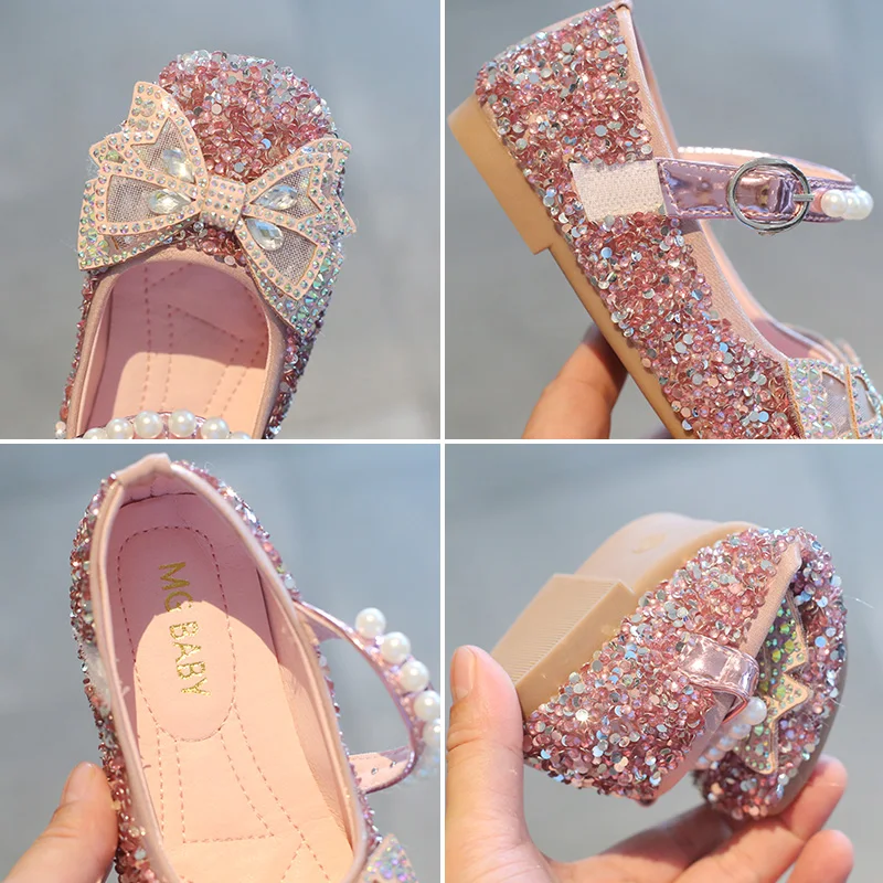 Spring Kids Leather Shoes Fashion Rhinestone Bowtie Girls Princess Shoes Bling Flat Baby Girl SMG155
