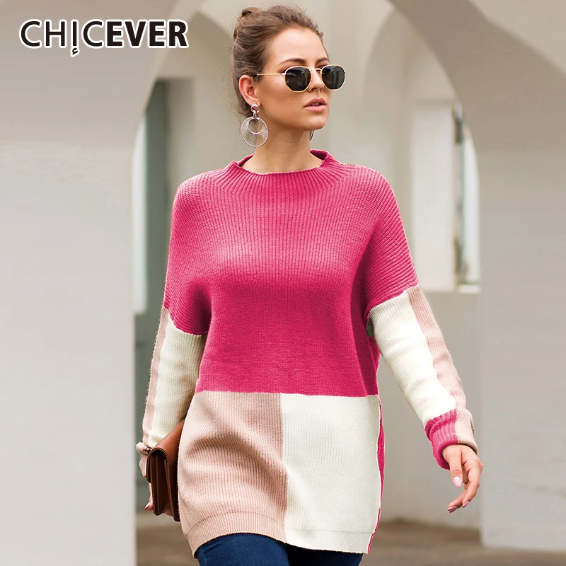 

CHICEVER Hit Color Loose Knitting Sweaters For Female O Neck Lantern Sleeves Oversize Pullover Sweater Women 2019 Autumn New
