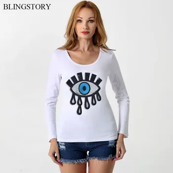 

BLINGSTORY Autumn Sequin Eye Plus Size Women T-shirts Long Sleeve Tops Casual Cotton Female Tee S-6XL