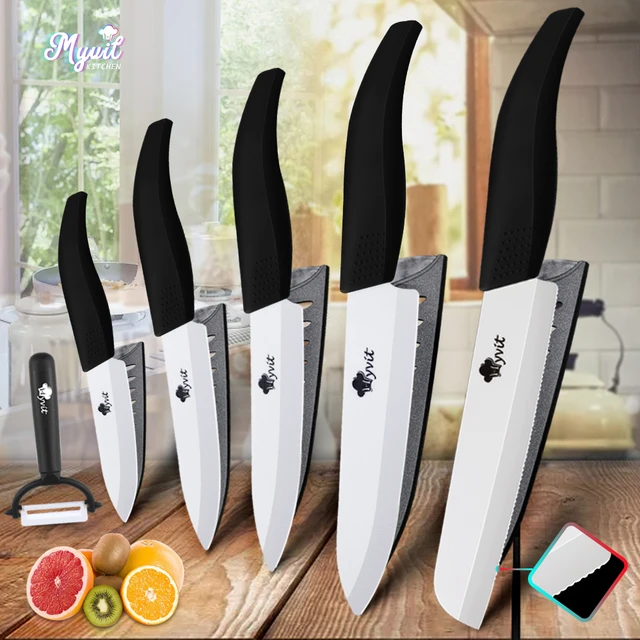 Ceramic Knife Set for Kitchen 3 4 5 6 Inch White Chef Knife Serrated Blade  Bread Slicing Knife with Sheath Fruit Peeler Hangable