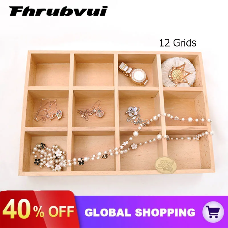 12 Grids Wood Ring Earrings Organizer Ear Studs Jewelry Display Stand Holder Rack Showcase Plate Fashion Jewelry Box top natural bamboo gray beige 6 12 grids bracelet case display tray plug in fine counter display jewelry ring windows show props