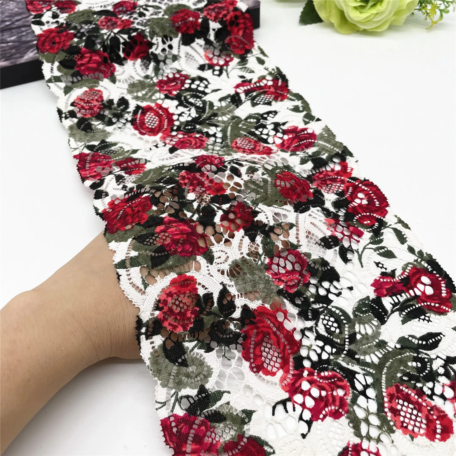 3y/Lot Width7 1/2 Inch (19)White Printed Floral Elastic Stretch Lace Trim 5