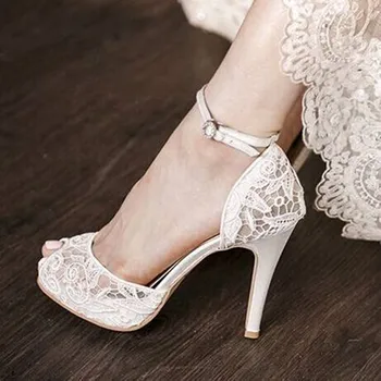 

Fashion lace woman's high heels elegant wedding dress shoes peep toe sexy pumps thin heel slip-on female stiletto single shoes