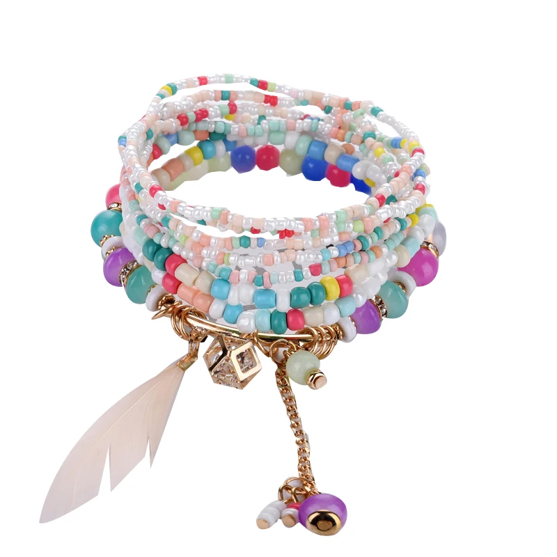 2019 unique Fashion Feather friendship Bracelets &amp Bangles For Women Jewelry Christmas Gift Crystal Beads Boho Bracelet Femme | Украшения