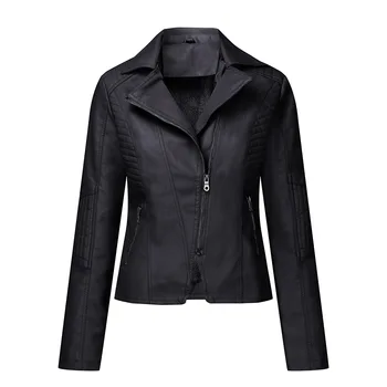 

Women's Faux Leather Jacket 2020 Spring Autumn Fleece Inclined Zipper PU Coat Casual Short Jackets Female Motorcycling Coats