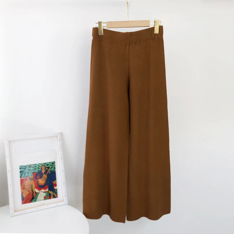 Aachoae 2020 Lady Solid Knit Pants Loose Wide Leg Long Length Pants Female Drawstring Casual Office Home Wear Trousers Pantalon