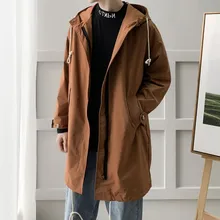 Повседневный мужской длинный плащ с капюшоном Белый хаки черный сплошной цвет свободный осень весна