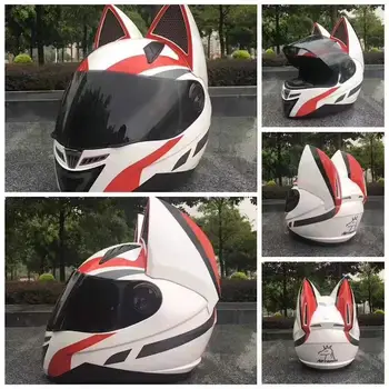 

Lovely cat White red helmet ears automobile race antifog full face helmet capacete motorb casco motorcycle helmet full face mask