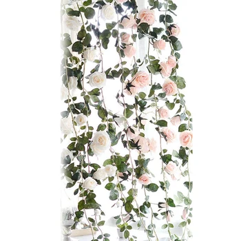 

2 Pcs 180Cm Artificial Rose Flower Vine Wedding Decorative Real Silk Flowers with Green Leaves for Home Hanging Garland Decor, W