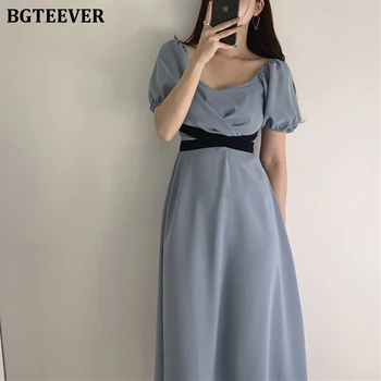 

BGTEEVER Elegant High Waist Slash-neck Neck Women Dress Vintage Puff Sleeve Female Midi Dress 2020 Summer A-line Vestidos femme