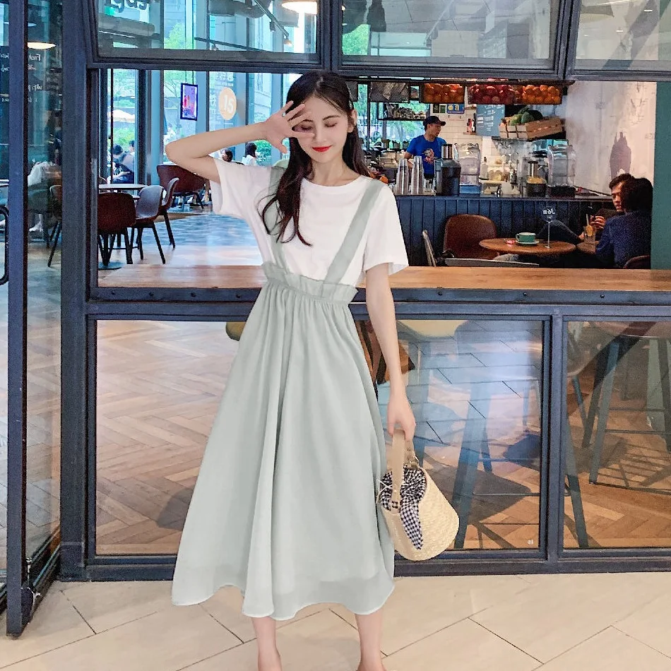 

Photo Shoot CHIC Hipster Green Chiffon Crew Neck Joint Suspender Strap Lace-up High-waisted Mock Two-Piece Big Hemline Dress Wom