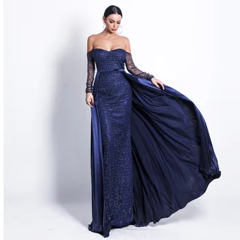

Elegant Patchwork Full Sleeve Evening Party Dress Women Sexy Slash Neck Floor Length Vestidos De Festa Perspective Prom Gown