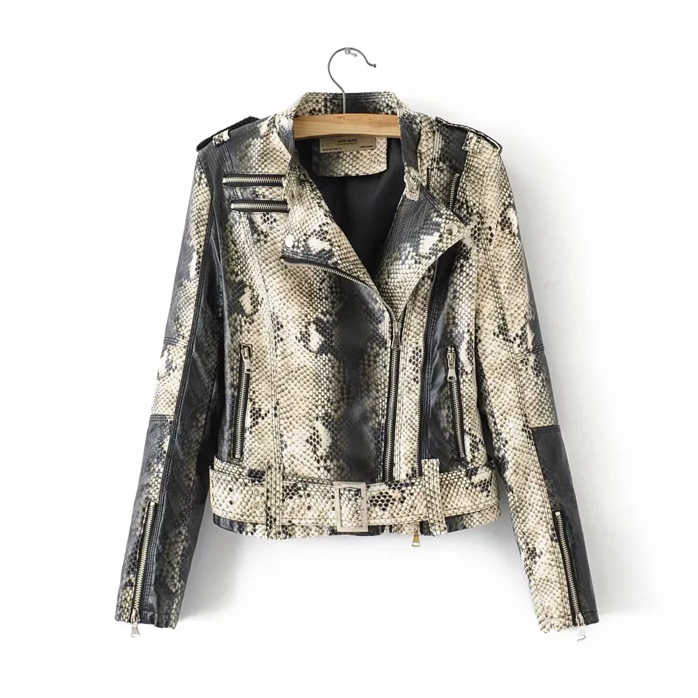 

Women's Motorcycle Jacket Zipper Belt Snake Print Autumn Winter Cool Punk Uniform European PU Woman Bomber Jackets LS112