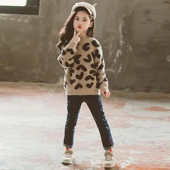 

Girls Mink Velvet Sweater New Plus Velvet Thickened Autumn and Winter Children's Clothing 3-13 years old Knitted Bottoming Shirt