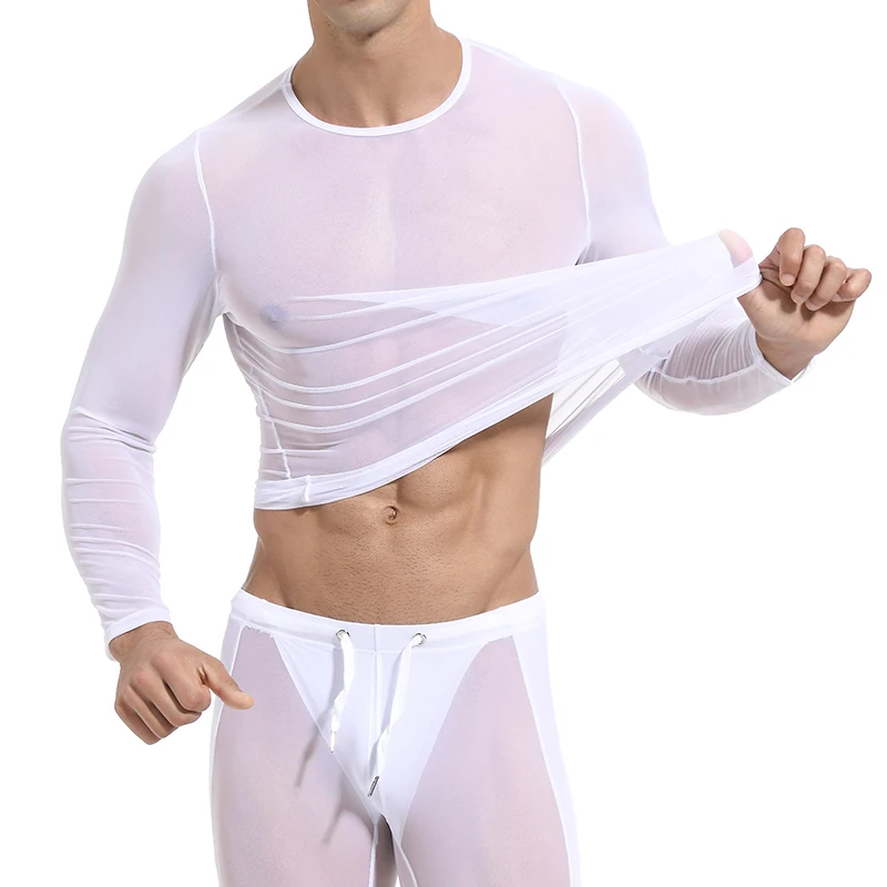 Мужская сетчатая прозрачная сетчатая рубашка, сексуальная одежда с длинным рукавом для ночного клуба, Мужская майка, вечерние топы для занятий спортом, фитнесом, верховой ездой - Цвет: Белый