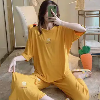 

2PCS Women Pajamas Set Sexy O-Neck Print Food 3/4 Sleeve Pyjamas Faux Silk Sleepwear Loose Summer New Home Wear M-XXL