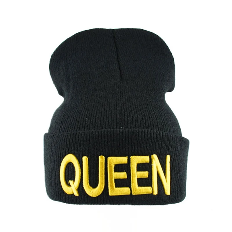 Шапка-бини с вышитыми буквами KING QUEEN, зимняя теплая шапка s, вязаная шапка для женщин, хип-хоп, уличная облегающая шапка для влюбленных, Mutsen - Цвет: Knitted QUEEN Yellow