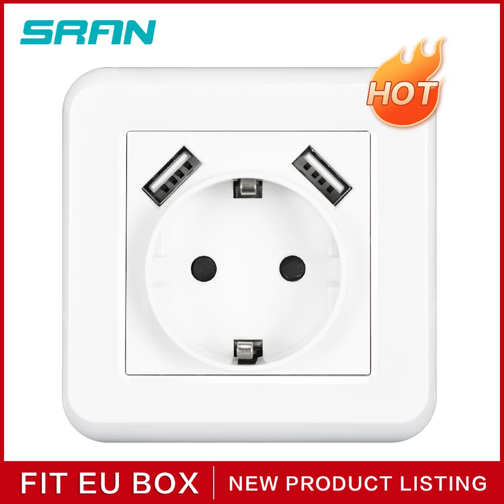 SRAN настенная розетка USB Socket 220 16A Огнеупорная панель ПК подходит для ЕС Монтажная