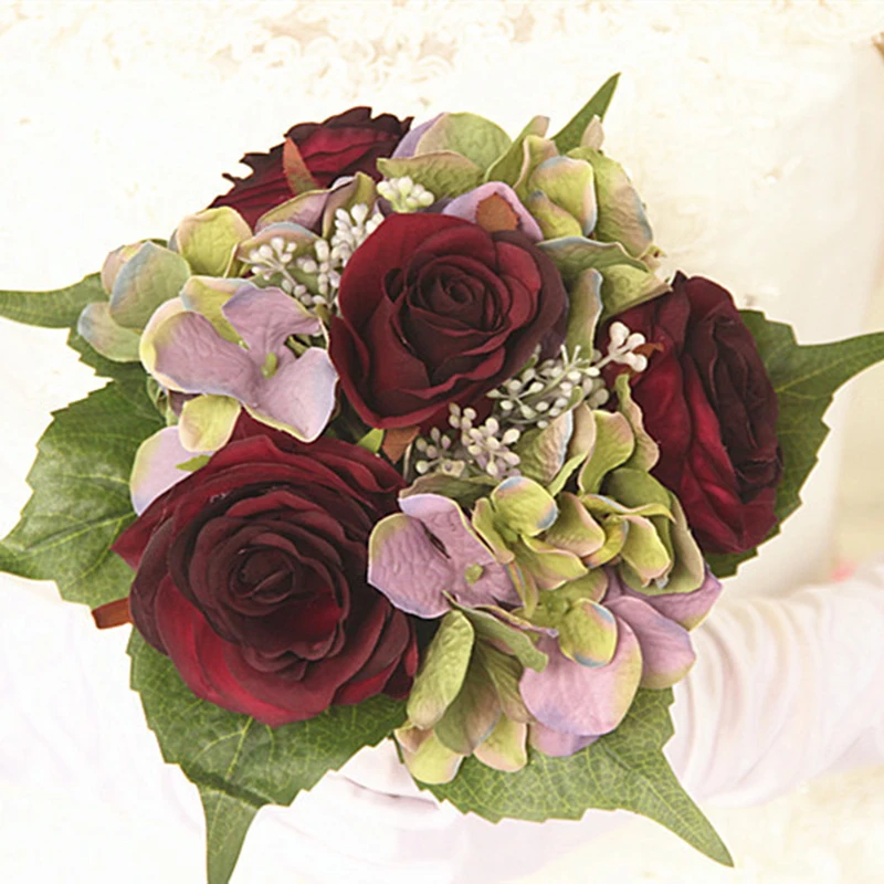 New Artificial Rose Flower Bouquet Floral Desktop Bridal Hydrangea Wedding Decor - Цвет: Deep red