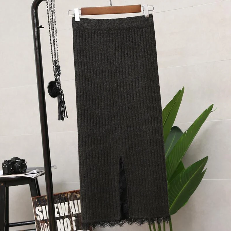 Dark gray 80cm Эластичные женские юбки, весна-осень, высокая талия, кружевные, теплые, элегантные, вязаные, в рубчик, средней длины, черная, плюс размер - Цвет: Dark gray 80cm